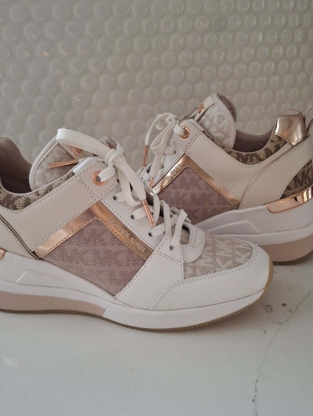 Michael Kors Georgie Trainer Wedge Sneakers White Rose Gold 6M